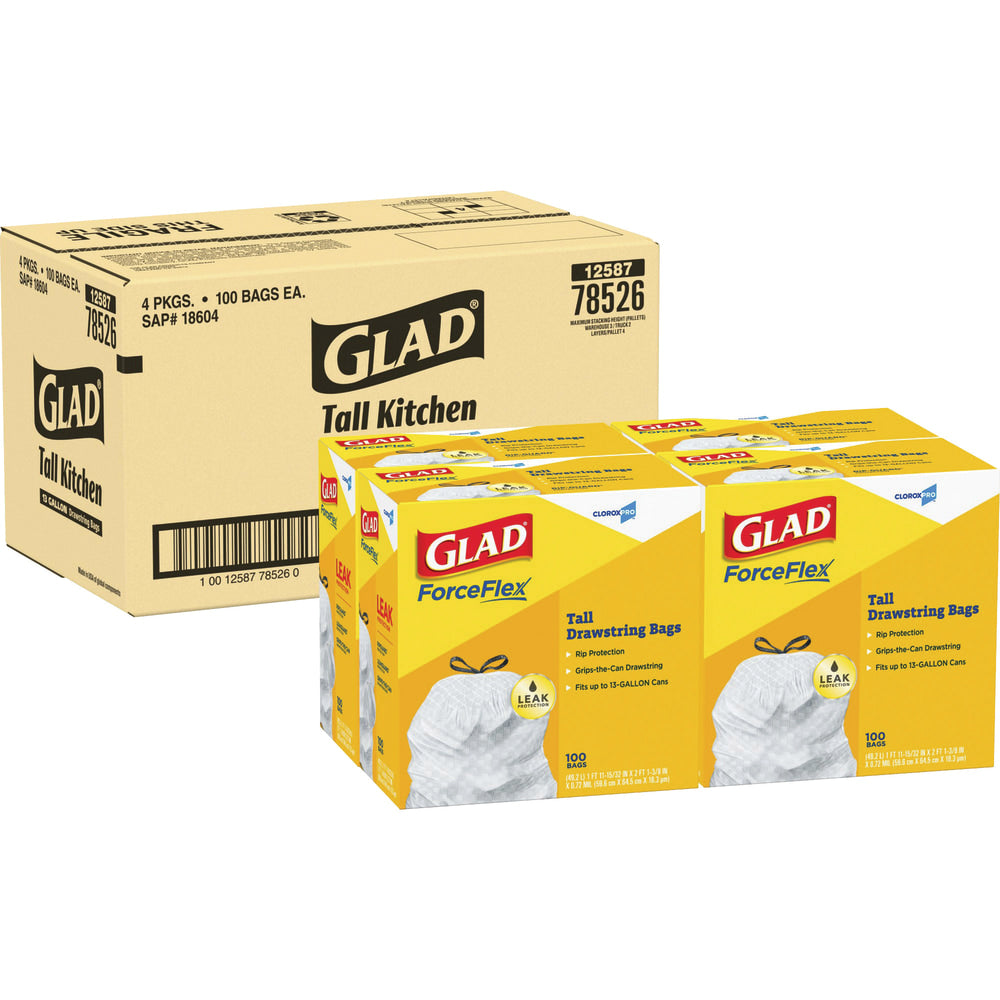 Glad ForceFlex Tall Kitchen Drawstring Trash Bags, 78526CT, 100-Pack