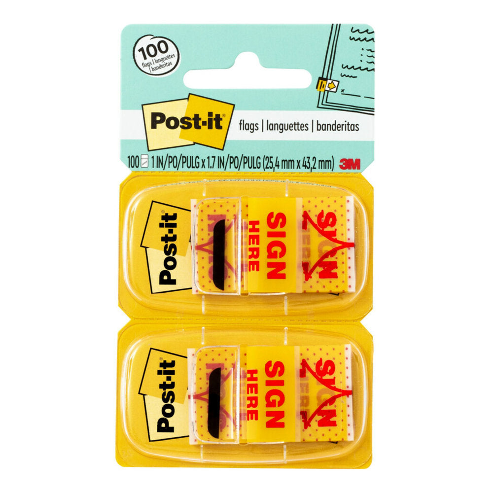 Post-it Flags, 1 x 1.7 in, 12 Dispensers, 50 Flags/Dispenser, Yellow, "Sign Here", Back to School Supplies for Students, Flags for Textbooks