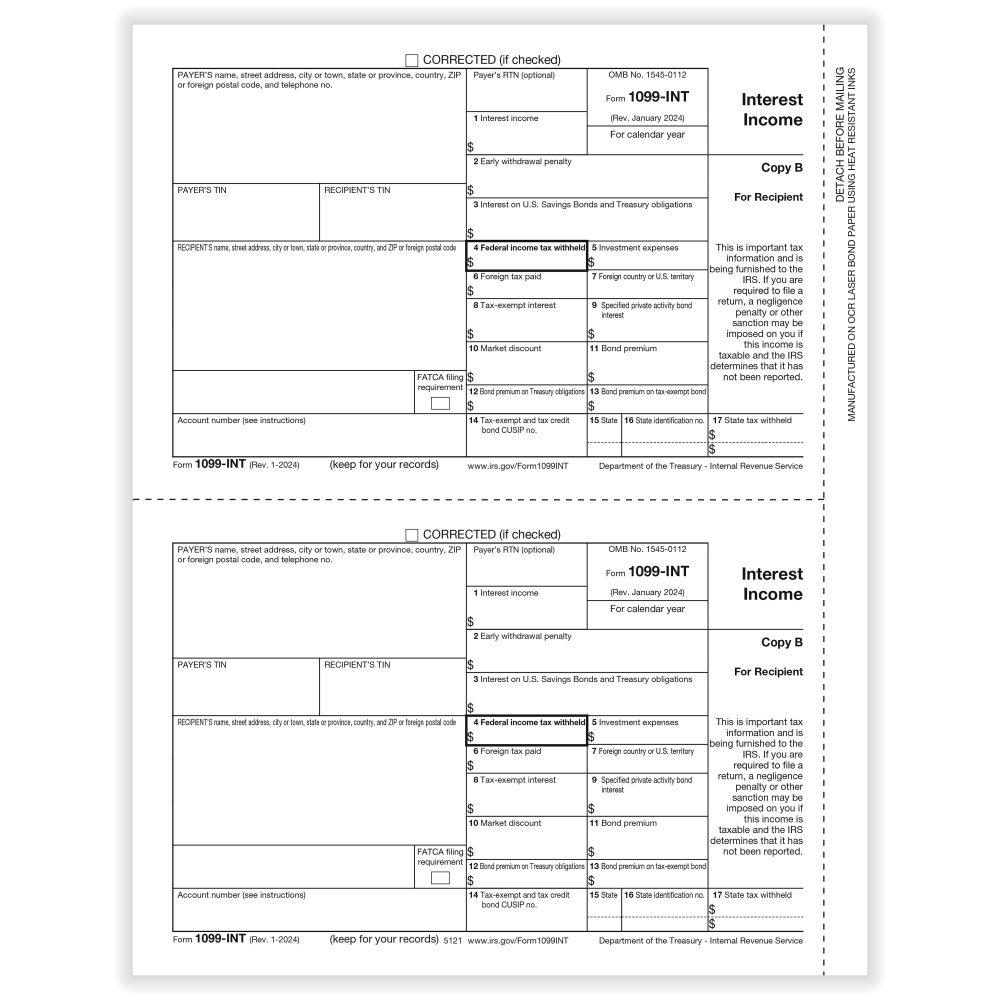 ComplyRight 1099-INT Tax Forms, 2-Up, Recipient Copy B, 8-1/2in x 11in, Pack Of 100 Forms, 51215025