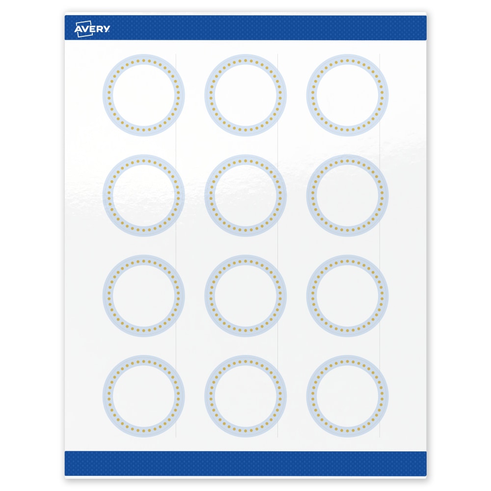 Avery Print-To-The-Edge Labels & Sure Feed, S00-D2G-PRWGP10, 2in Round, Glossy White, Preprinted Blue Border & Gold Dots Design, Pack Of 120