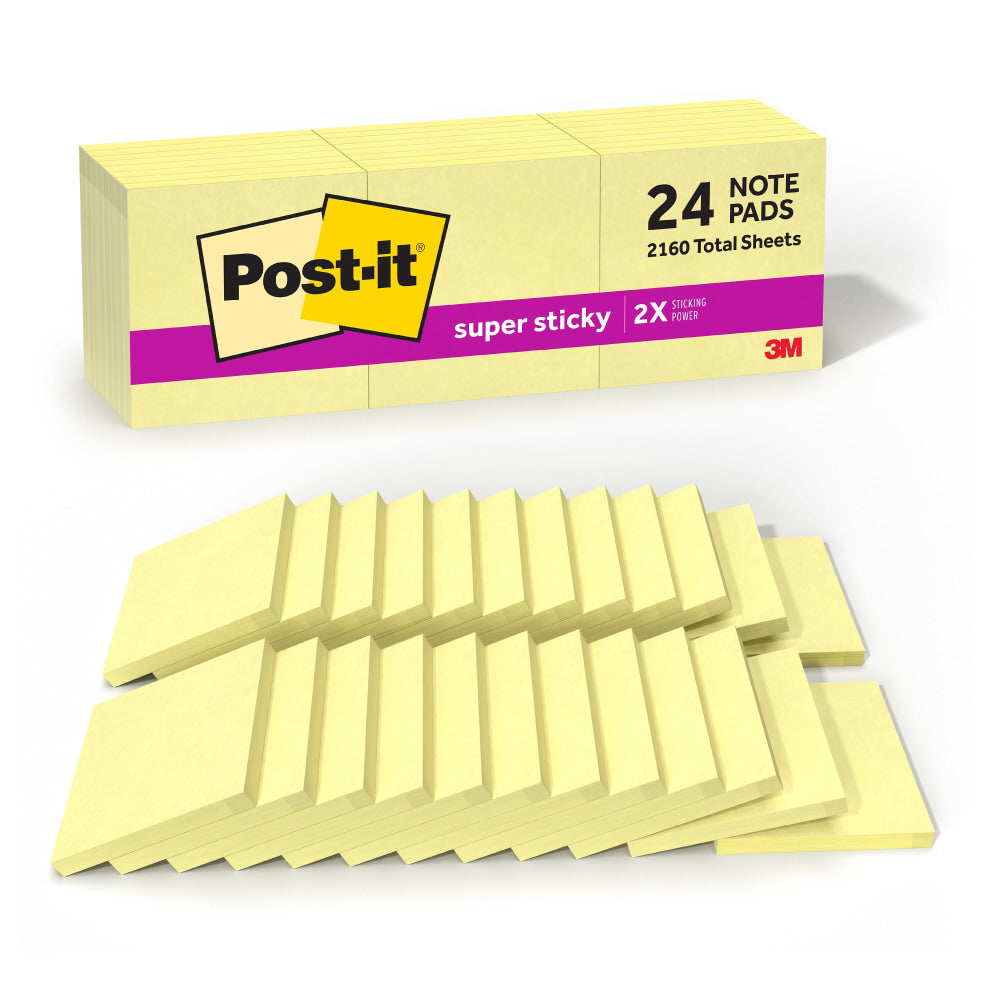 Post-it Super Sticky Notes, 3 in x 3 in, 24 Pads, 90 Sheets/Pad, 2x the Sticking Power, Canary Yellow