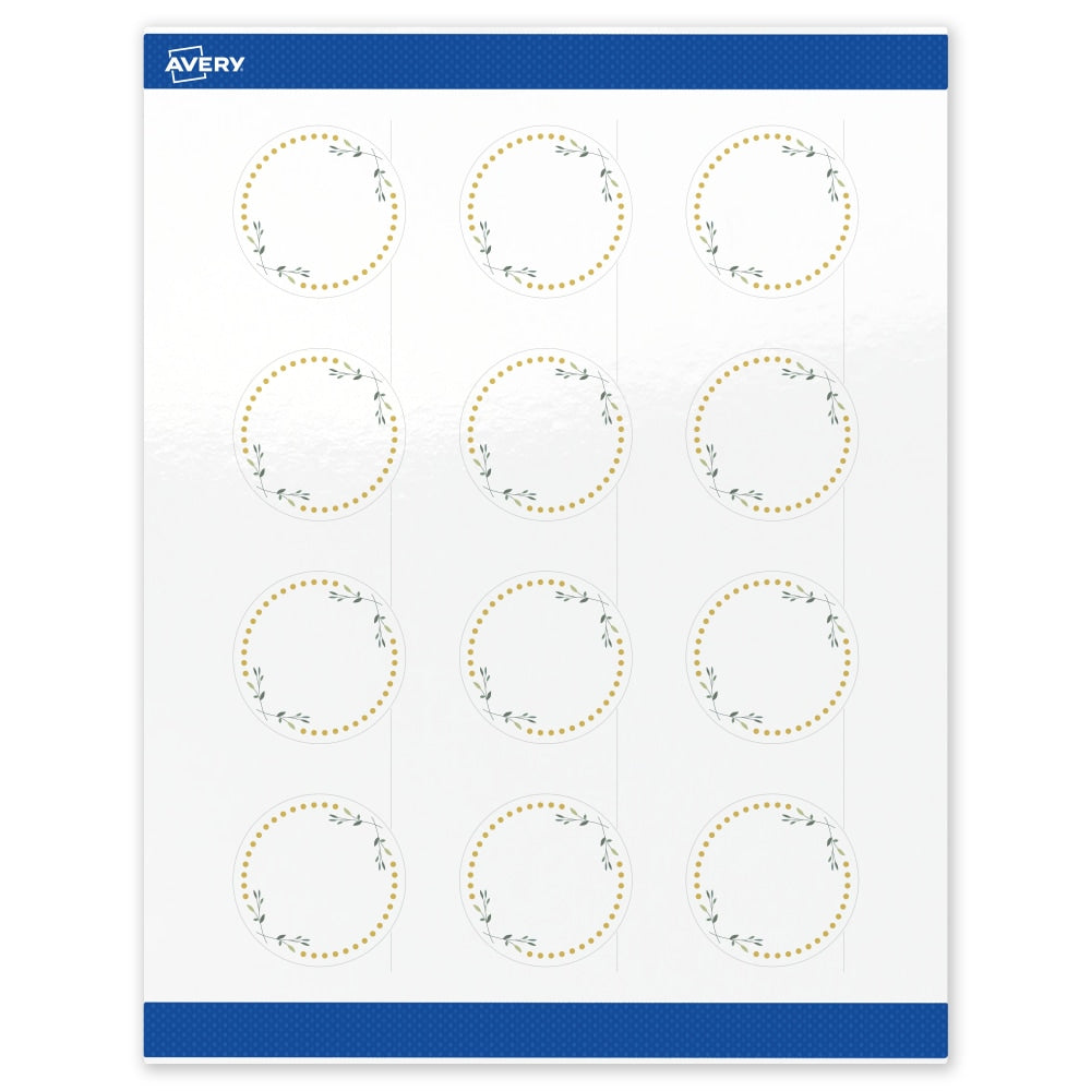 Avery Print-To-The-Edge Labels & Sure Feed, S00-D2T-PRWGP10, 2in Round, Glossy White, Preprinted Green Floral & Gold Dots Design, Pack Of 120
