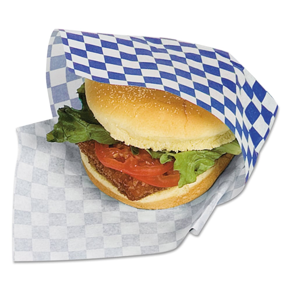 Bagcraft Grease-Resistant Paper Wraps, Blue Check, 12in x 12in, 1,000 Wraps Per Box, Carton Of 5 Boxes