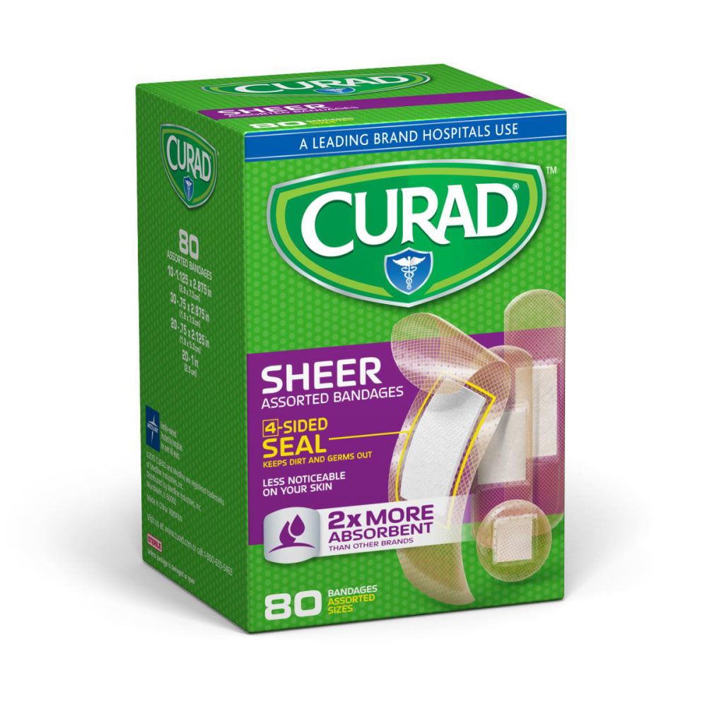 CURAD Sheer Adhesive Bandages, Assorted Sizes, Case Of 24