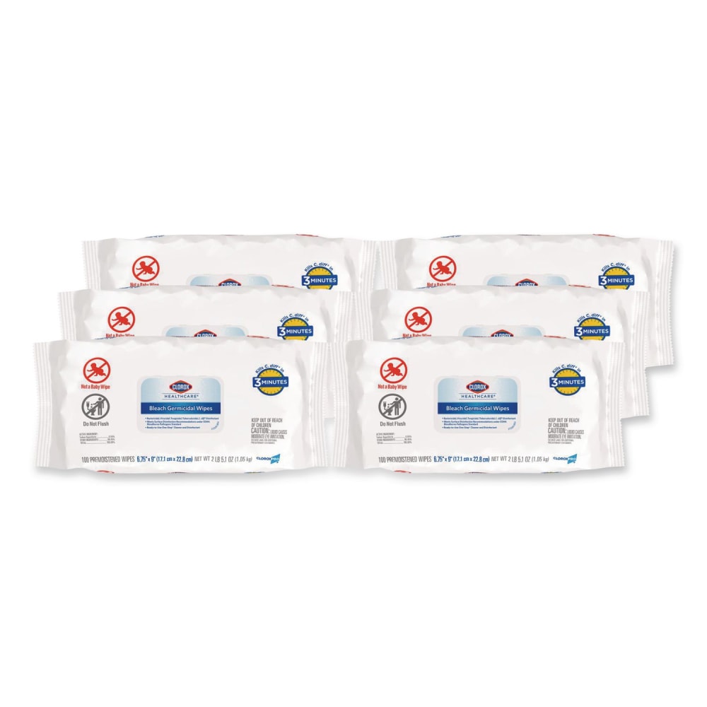 Clorox Healthcare Bleach Germicidal Wipes, Disinfectant Wipes, 1-Ply, 6.75 x 9, Unscented, White, 100 Wipes/Flex-Pack, 6 Flex-Packs/Carton