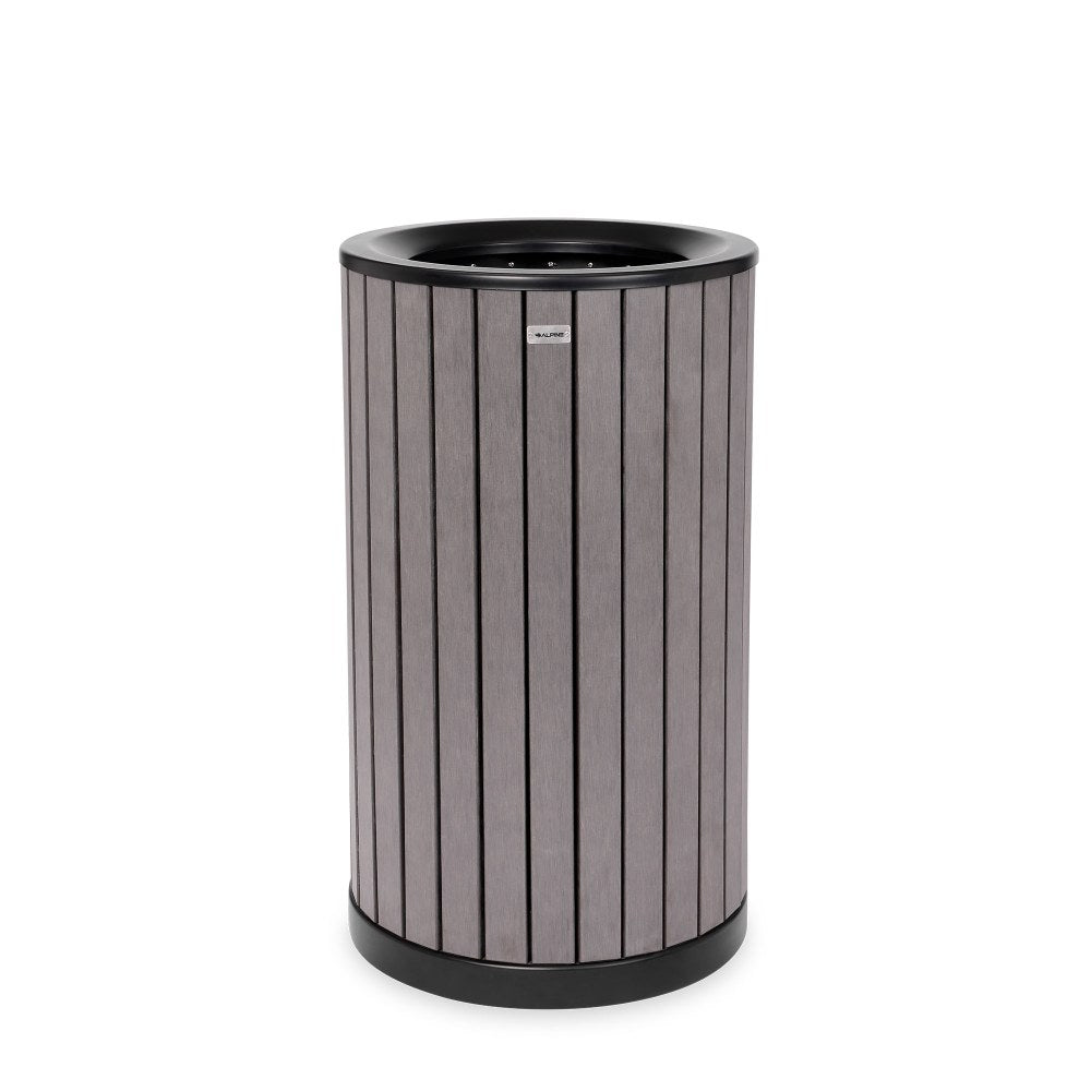 Alpine Slatted Recycled Plastic Panel Round Outdoor Trash Can, 32 Gallon, 33-7/8inH x 20inW x 20D, Gray