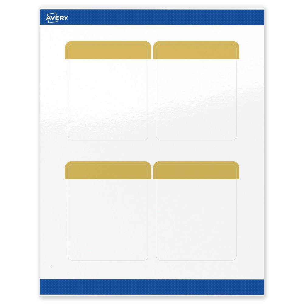 Avery Print-To-The-Edge Labels & Sure Feed, S00-DJM-PRWGP10, 4in x 3-1/3in, Glossy White, Preprinted Dipped Gold Edge Design, Pack Of 40