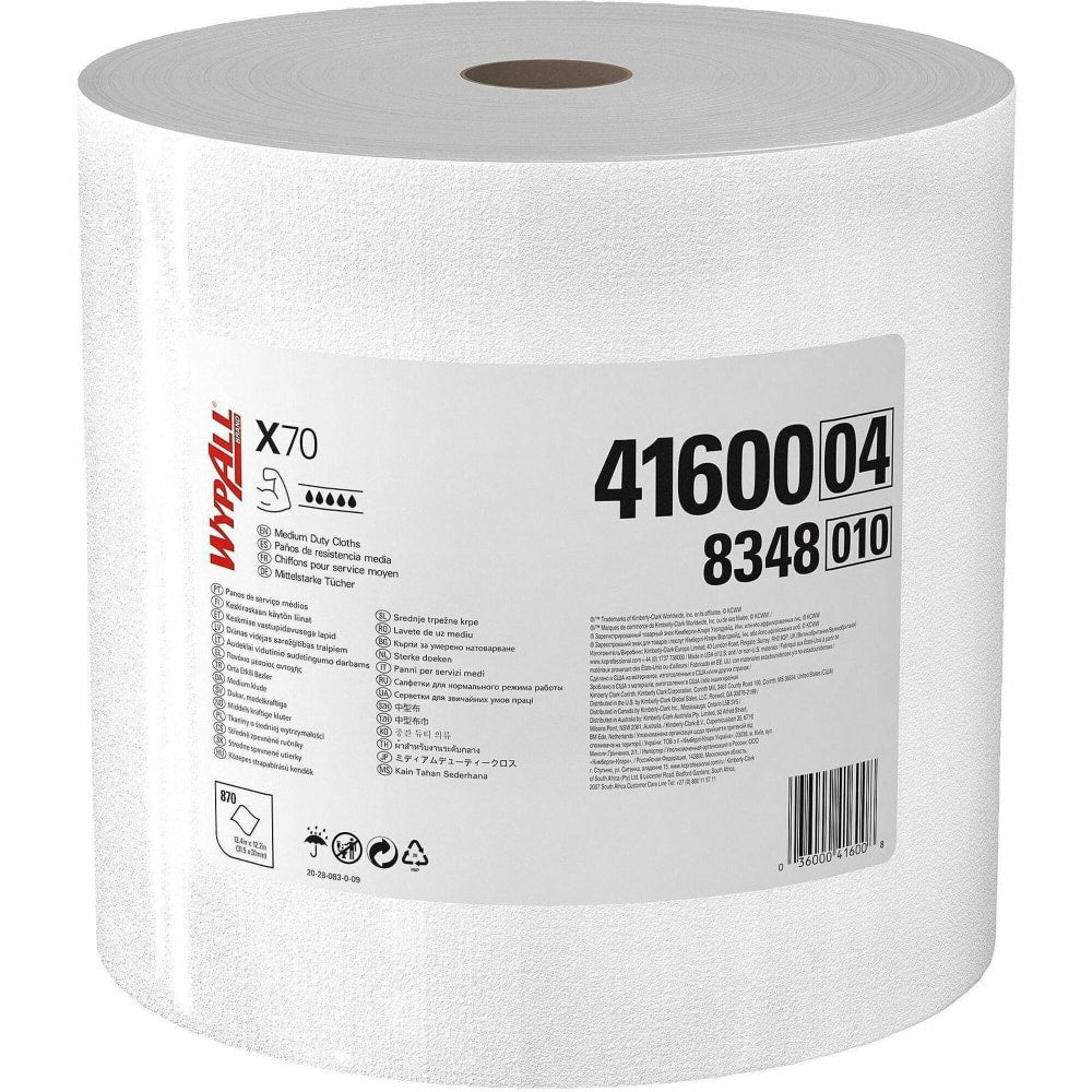 Wypall PowerClean X70 Medium Duty Cloths Jumbo Roll - 12.50in Width x 12.20in Length - 870 Sheets/Roll - White - Hydroknit - 1 Carton