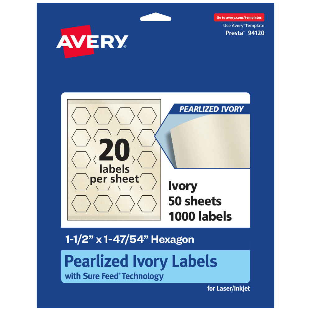 Avery Pearlized Permanent Labels With Sure Feed, 94120-PIP50, Hexagon, 1-1/2in x 1-47/54in, Ivory, Pack Of 1,000 Labels