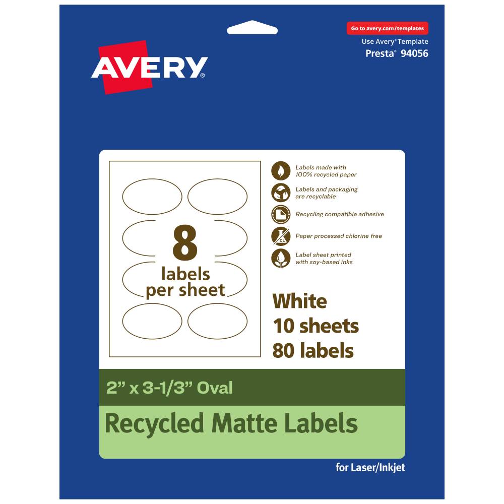 Avery Recycled Paper Labels, 94056-EWMP10, Oval, 2in x 3-1/3in, White, Pack Of 80