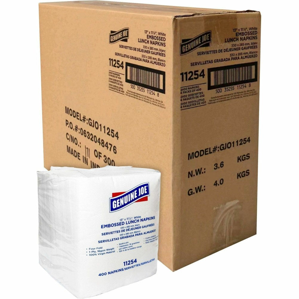 Genuine Joe Lunch Napkins - 1 Ply - Quarter-fold - 13in Width x 11.25in Length - White - 400/Pack - 6 / Carton