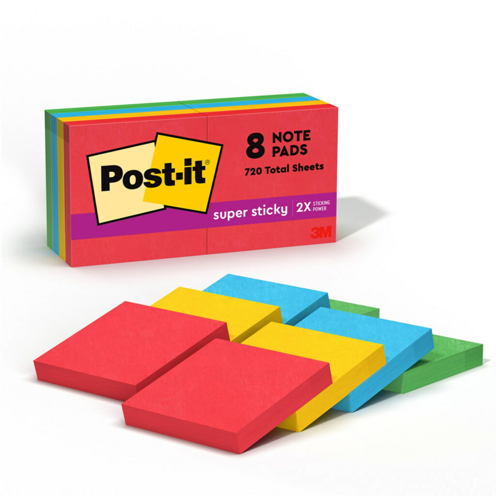 Post-it Super Sticky Notes, 1.88 x 1.88 in, 8 Sticky Note Pads, 90 Sheets/Pad, 2X the Sticking Power, School and Office Supplies, Playful Primaries