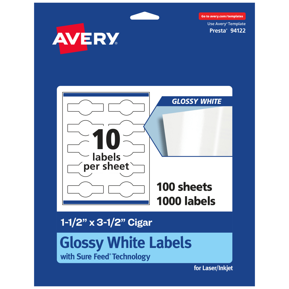 Avery Glossy Permanent Labels With Sure Feed, 94122-WGP100, Cigar, 1-1/2in x 3-1/2in, White, Pack Of 1,000