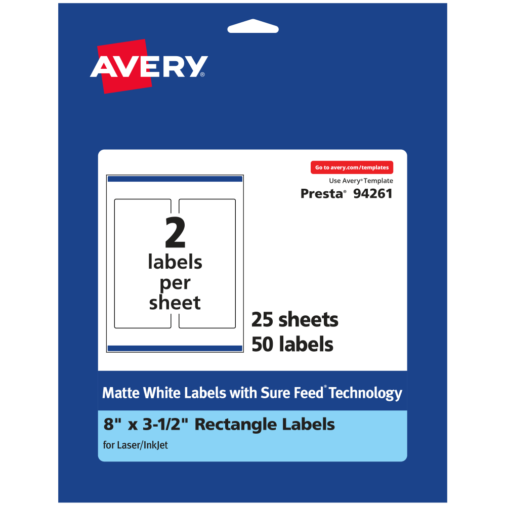 Avery Permanent Labels With Sure Feed, 94261-WMP25, Rectangle, 8in x 3-1/2in, White, Pack Of 50
