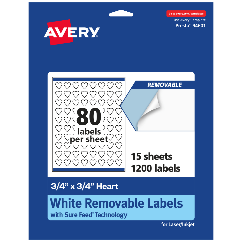 Avery Removable Labels With Sure Feed, 94601-RMP15, Heart, 3/4in x 3/4in, White, Pack Of 1,200 Labels