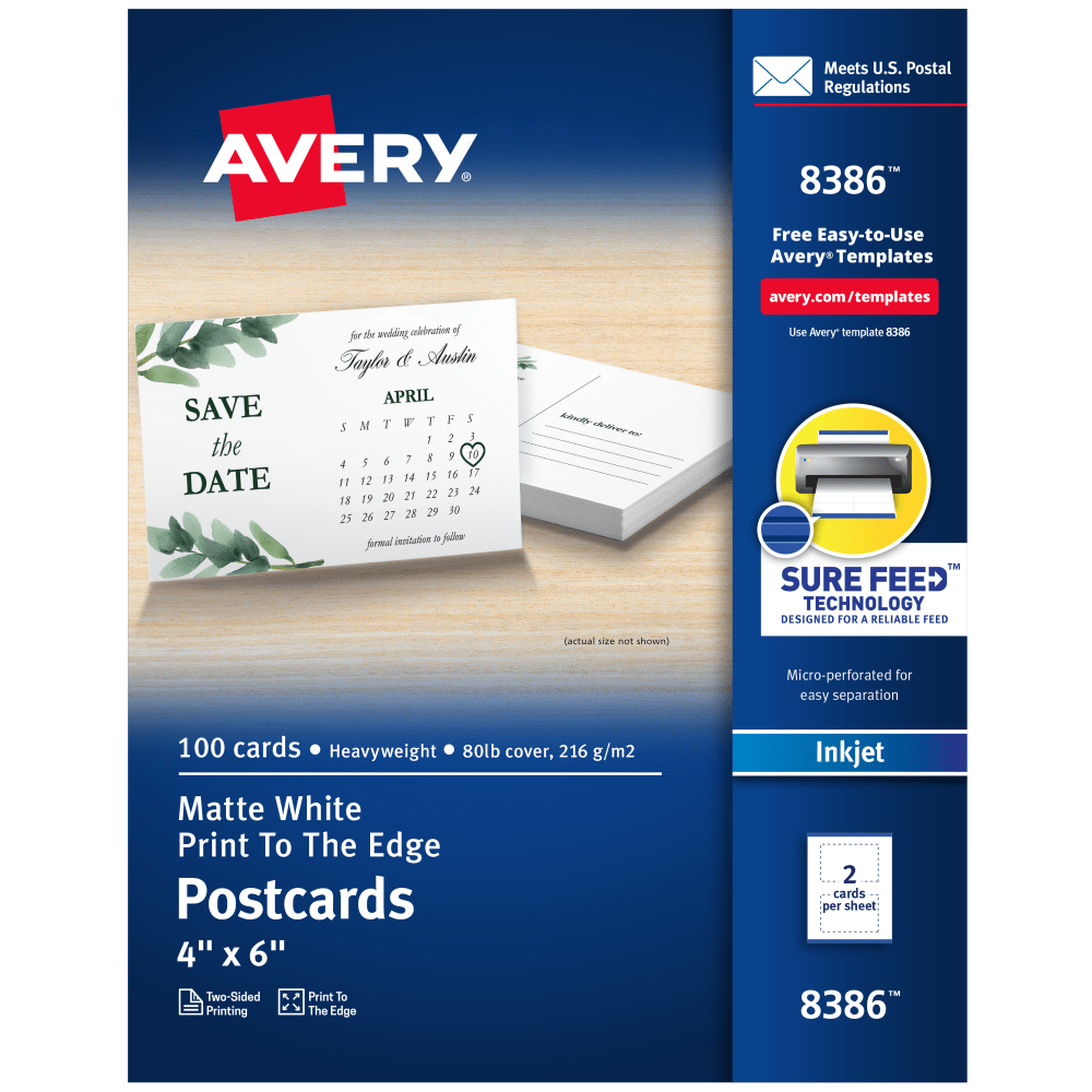 Avery Printable Postcards With Sure Feed Technology, 4in x 6in, Matte White, Box Of 100 Cards