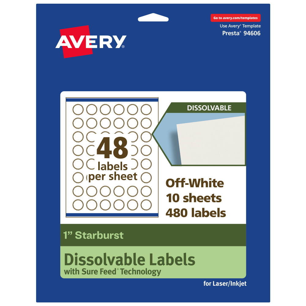 Avery Print-to-the-Edge Dissolvable Labels With Sure Feed Technology, 94606-DWMP10, Starburst, 1in, Matte Off-White, Pack Of 480