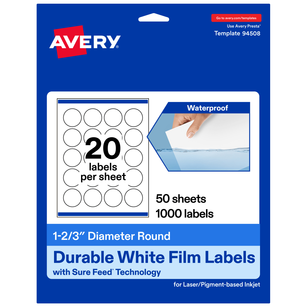 Avery Waterproof Permanent Labels With Sure Feed, 94508-WMF50, Round, 1-2/3in Diameter, White, Pack Of 1,000