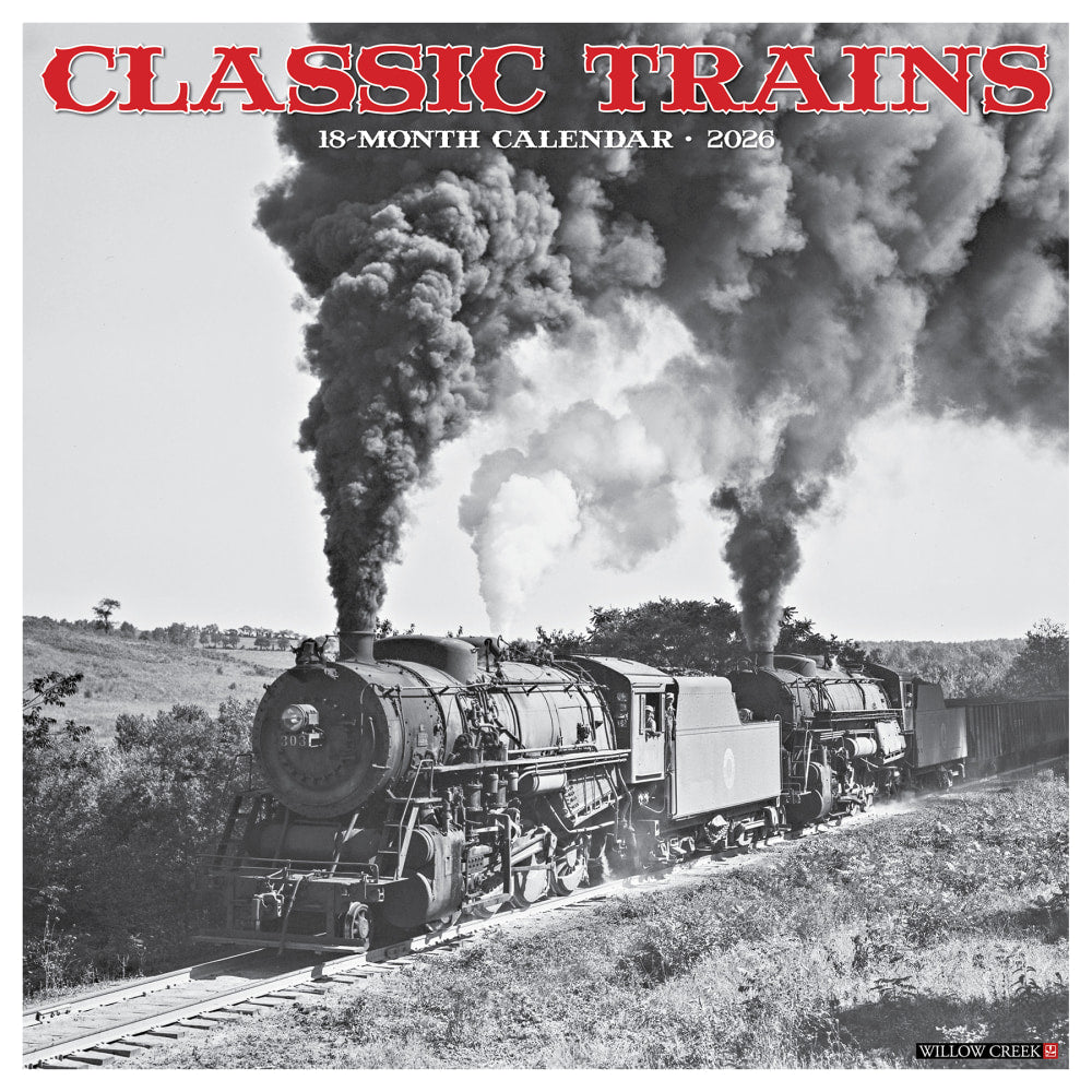 2026 Willow Creek Press Art & Design Monthly Wall Calendar, 12in x 12in, Classic Trains, January To December, 55366