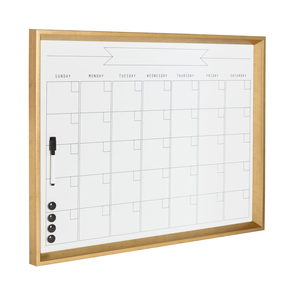 Kate and Laurel Calter Magnetic Framed Dry-Erase Calendar, Melamine, 21-1/4in x 27-1/2in, White, Gold Plastic Frame