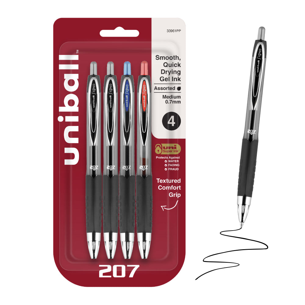 uniball 207 Retractable Gel Pens, 0.7mm Medium Point, Assorted Ink, 4 Count