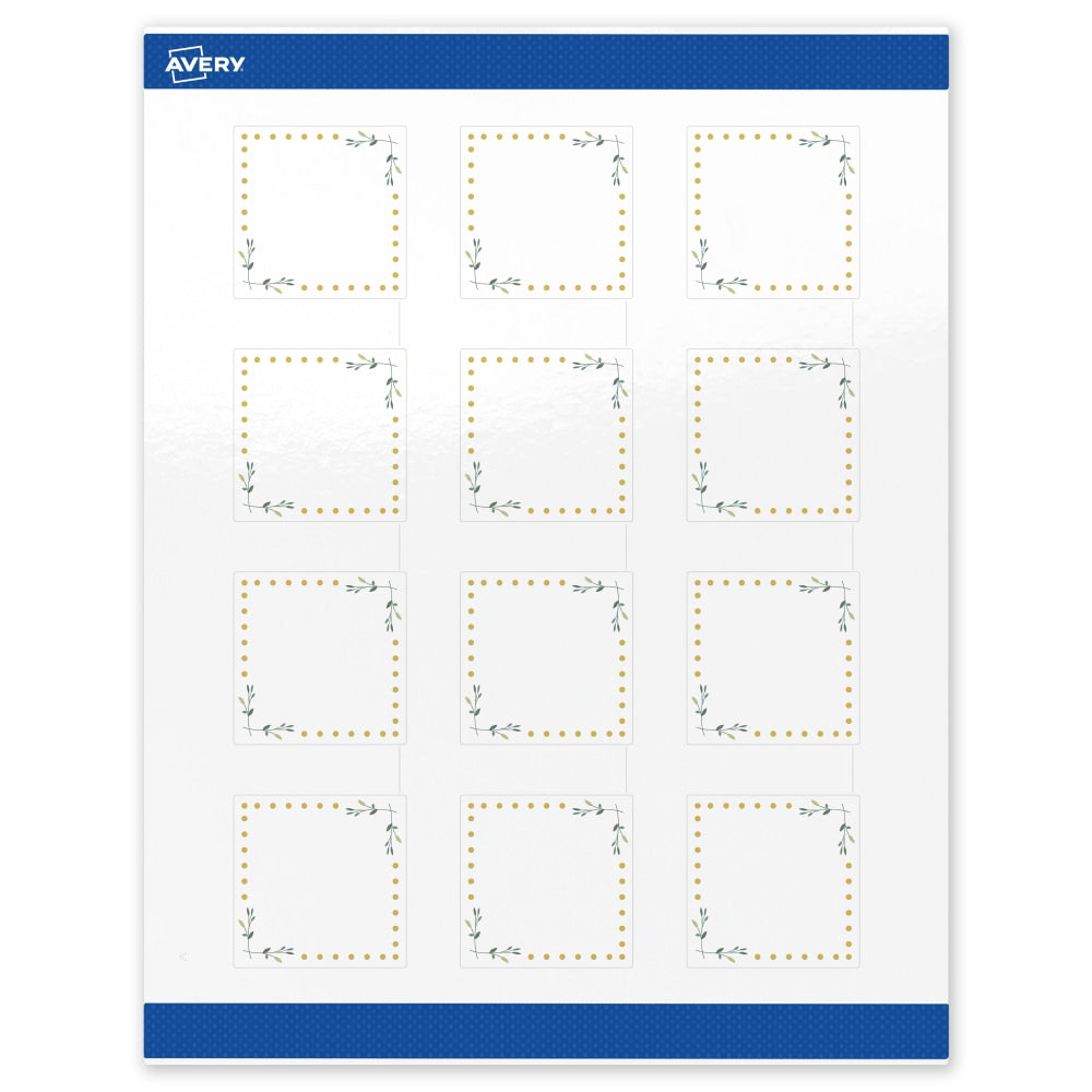Avery Print-To-The-Edge Labels & Sure Feed, S00-DN5-PRWGP10, 2in x 2in, Glossy White, Preprinted Green Floral & Gold Dots Design, Pack Of 120