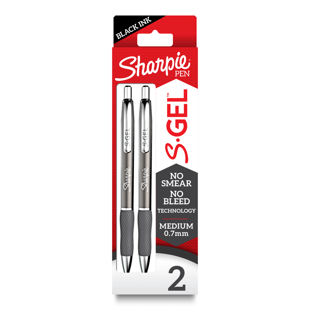 Sharpie S-Gel Metal Barrel Gel Pens, Medium Point, 0.7 mm, Gunmetal Barrel, Black Ink, Pack Of 2 Pens