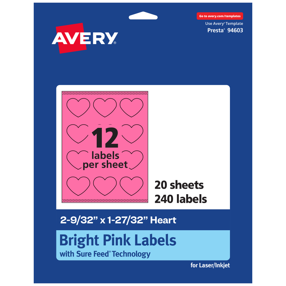 Avery Print-To-The-Edge Labels With Sure Feed Technology, 94603-BPP20, Heart, 2-9/32in x 1-27/32in, Matte Bright Pink, Pack of 240