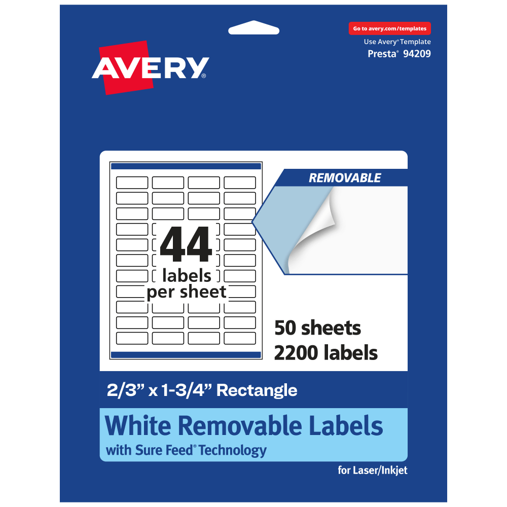 Avery Removable Labels With Sure Feed, 94209-RMP50, Rectangle, 2/3in x 1-3/4in, White, Pack Of 2,200 Labels