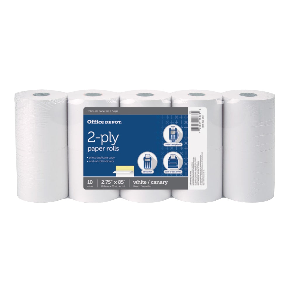 Office Depot Brand 2-Ply Paper Rolls, 2-3/4in x 85ft, Canary/White, Pack Of 10