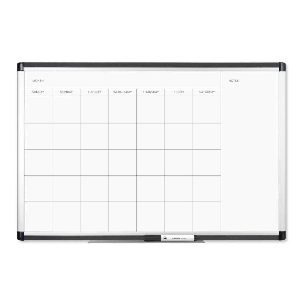 U Brands PINIT Magnetic Dry-Erase Monthly Calendar Board, 36in X 24in, Silver Aluminum Frame, Actual Size 35in X 23in (2901U00-01)