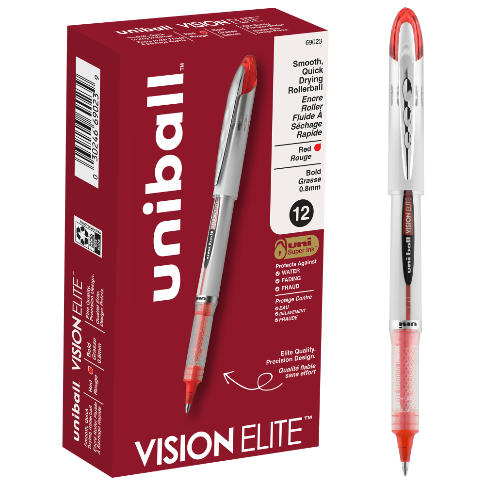 uni-ball Vision Elite Liquid Ink Rollerball Pens, Bold Point, 0.8 mm, White Barrel, Red Ink, Pack Of 12