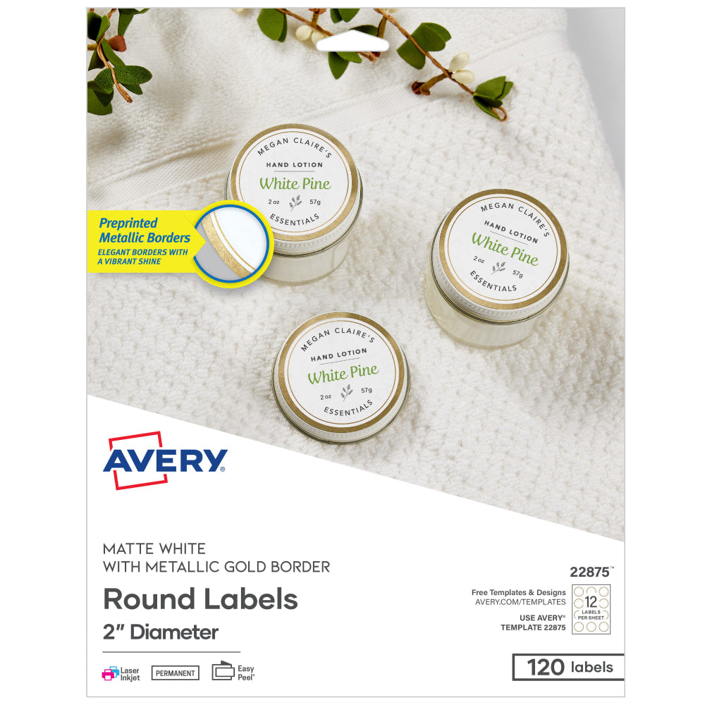 Avery Printable Labels With Metallic Border, Round, 2in diameter, Matte White/Gold, Pack Of 120