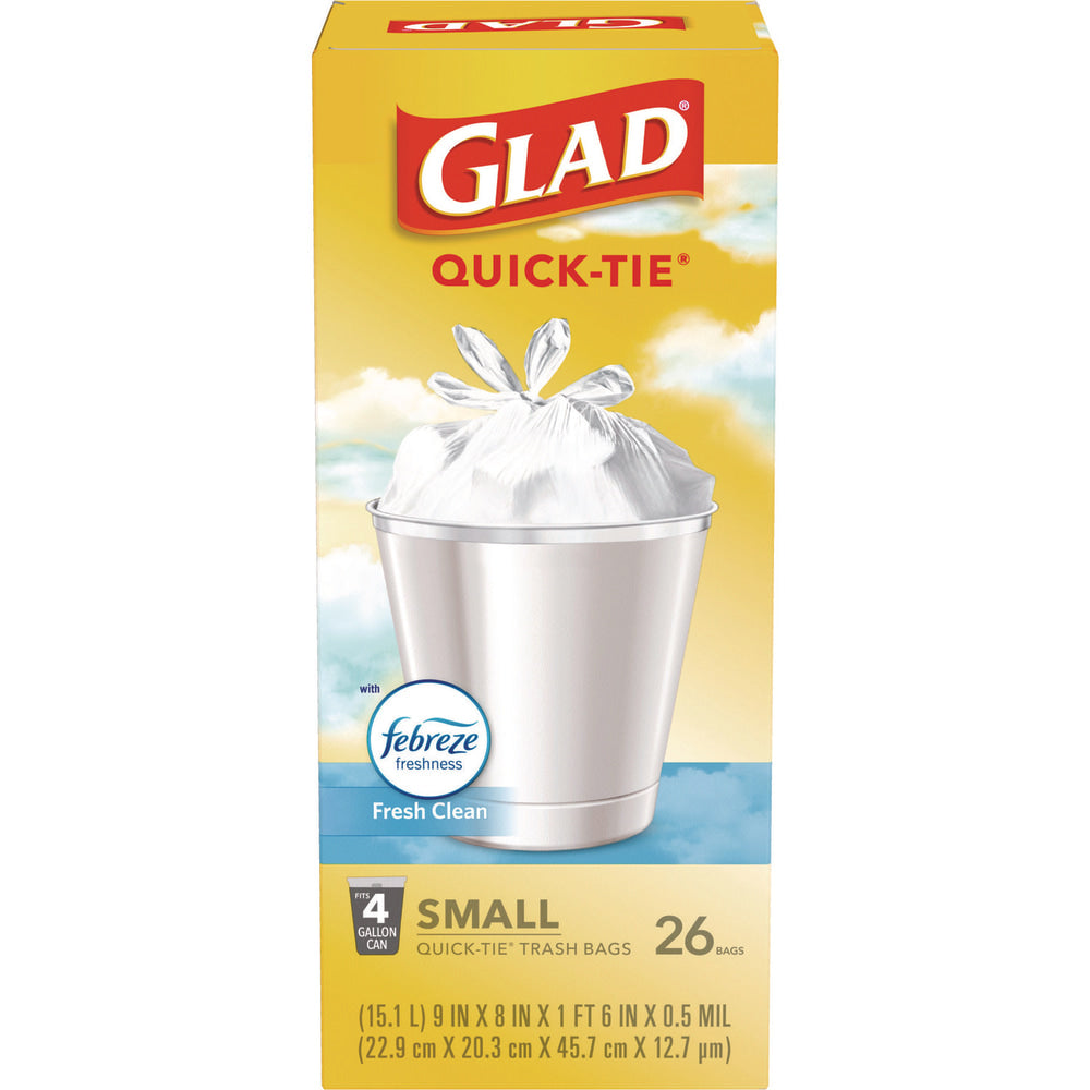Glad OdorShield Quick-Tie Small Trash Bags,  0.5 mil, Tie-Flap, 4 gal, Febreze Fresh Clean Scent, 8 x 18, White, 26 Bags/Box, 6 Boxes/Carton