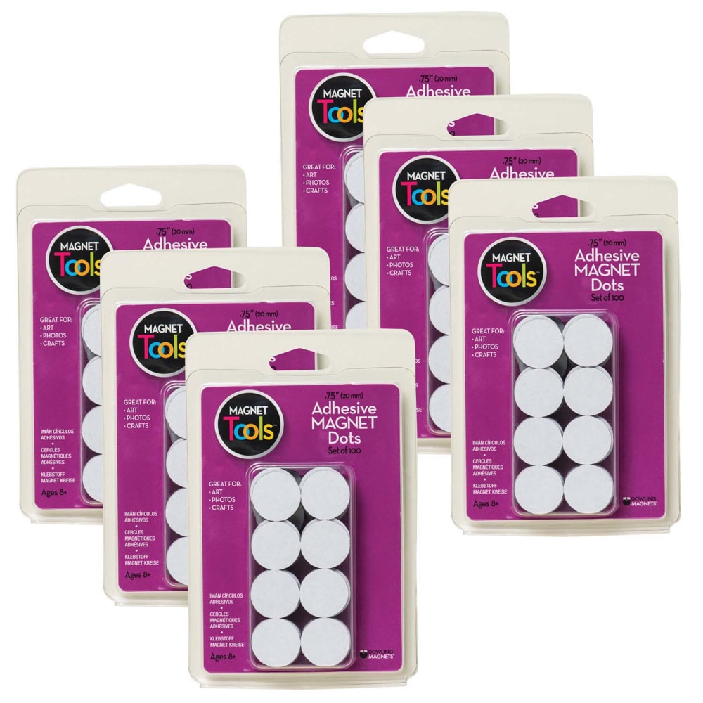 Dowling Magnets Magnet Dots, 3/4in, White, 100 Dots Per Pack, Set Of 6 Packs