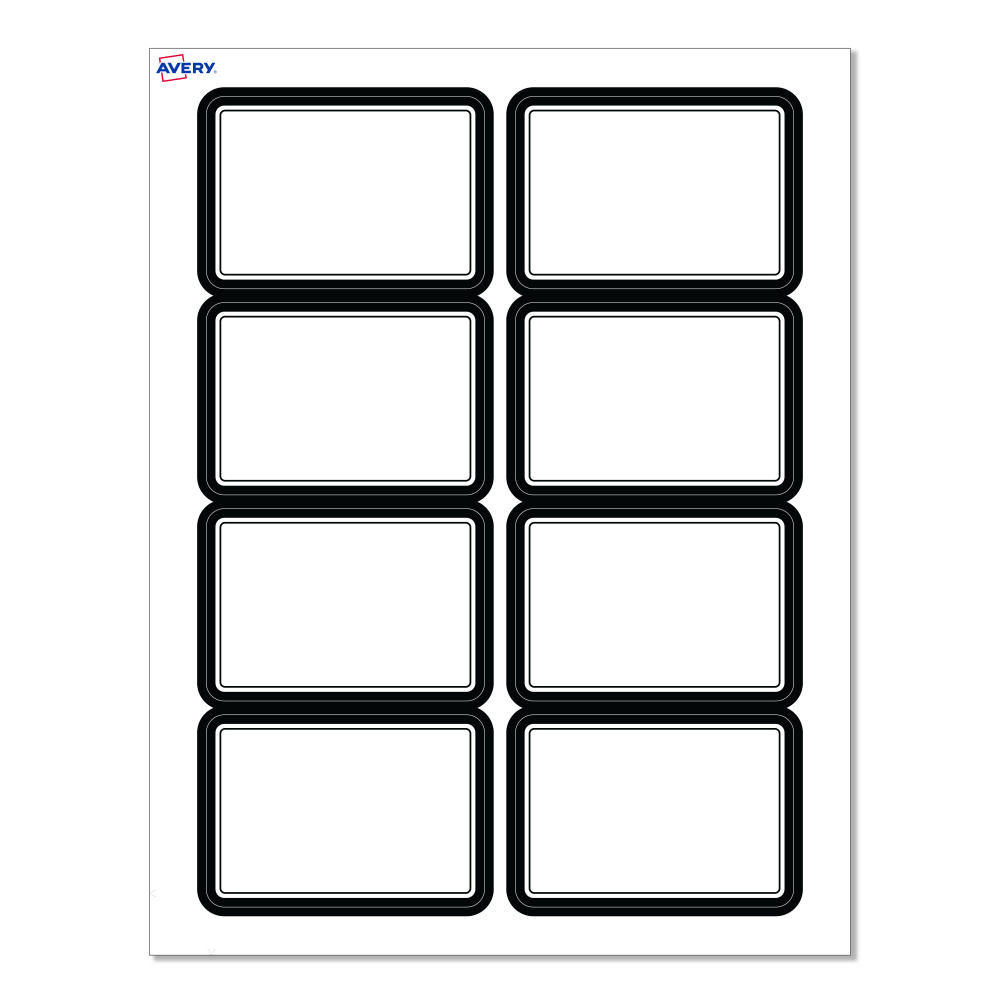 Avery Printable Adhesive Name Badges/Preprinted Designs, Rectangle, S00-EY6, 2-1/3in x 3-3/8in, Matte White/Double Black Border, Pack Of 80