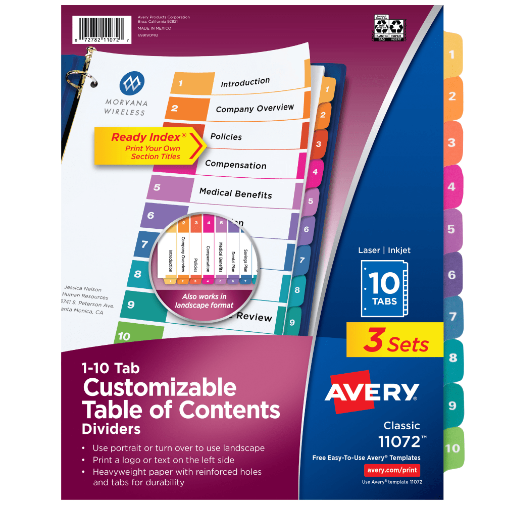 Avery Ready Index 1-10 Tab Binder Dividers With Customizable Table Of Contents, 8-1/2in x 11in, 10 Tab, White/Multicolor, Pack Of 3 Sets