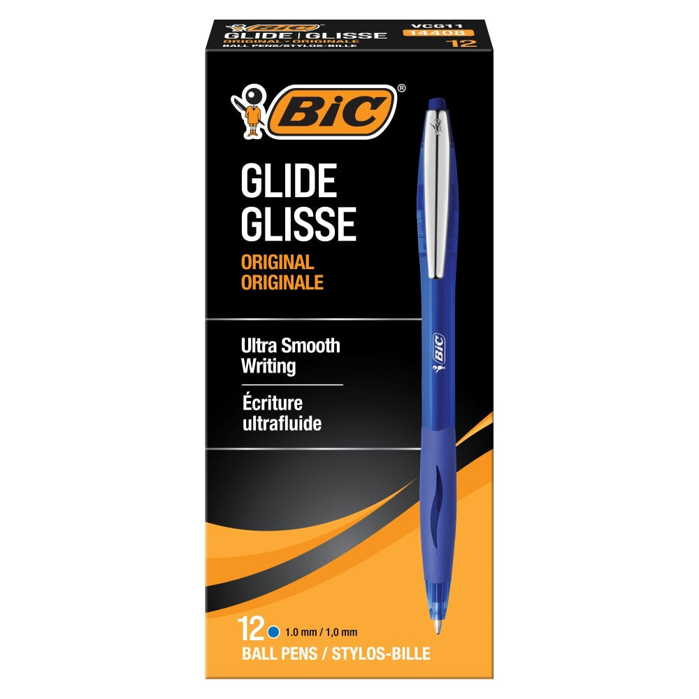 BIC Glide Retractable Ballpoint Pens, Medium Point, 1.0 mm, Clear Barrel, Blue Ink, Pack Of 12