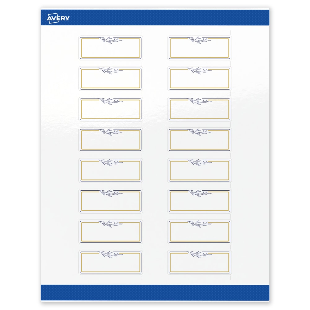 Avery Print-To-The-Edge Labels & Sure Feed, S00-D2X-PRWGP10, 1in x 2-5/8in, Glossy White, Preprinted Gold & Navy Border & Floral Design, Pack Of 160