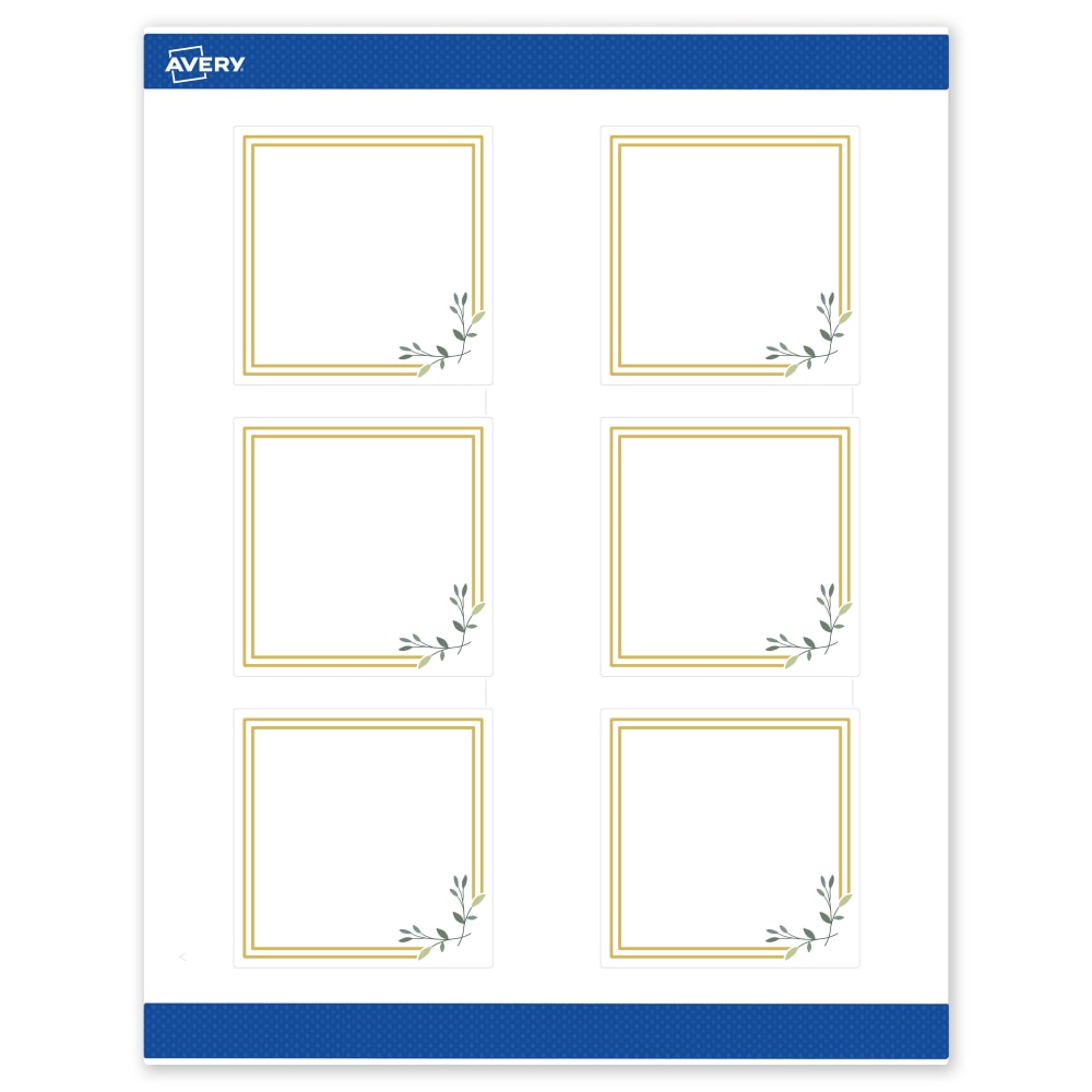 Avery Print-To-The-Edge Labels & Sure Feed, S00-DMT-PRWMP10, 3in x 3in, Matte White, Preprinted Double Gold Border & Floral Design, Pack Of 60