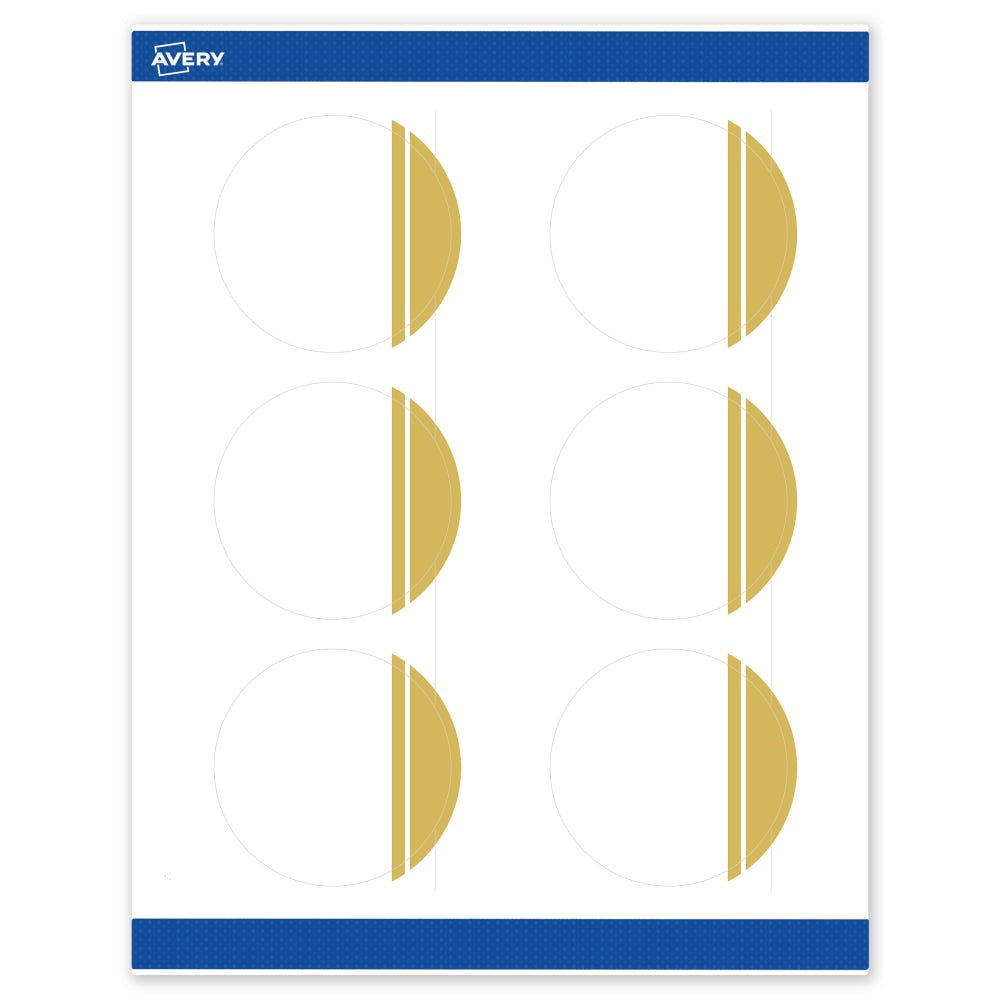 Avery Print-To-The-Edge Labels & Sure Feed, S00-DKB-PRWMP10, 3in Round, Matte White, Preprinted Double Dipped Gold Edge Design, Pack Of 60