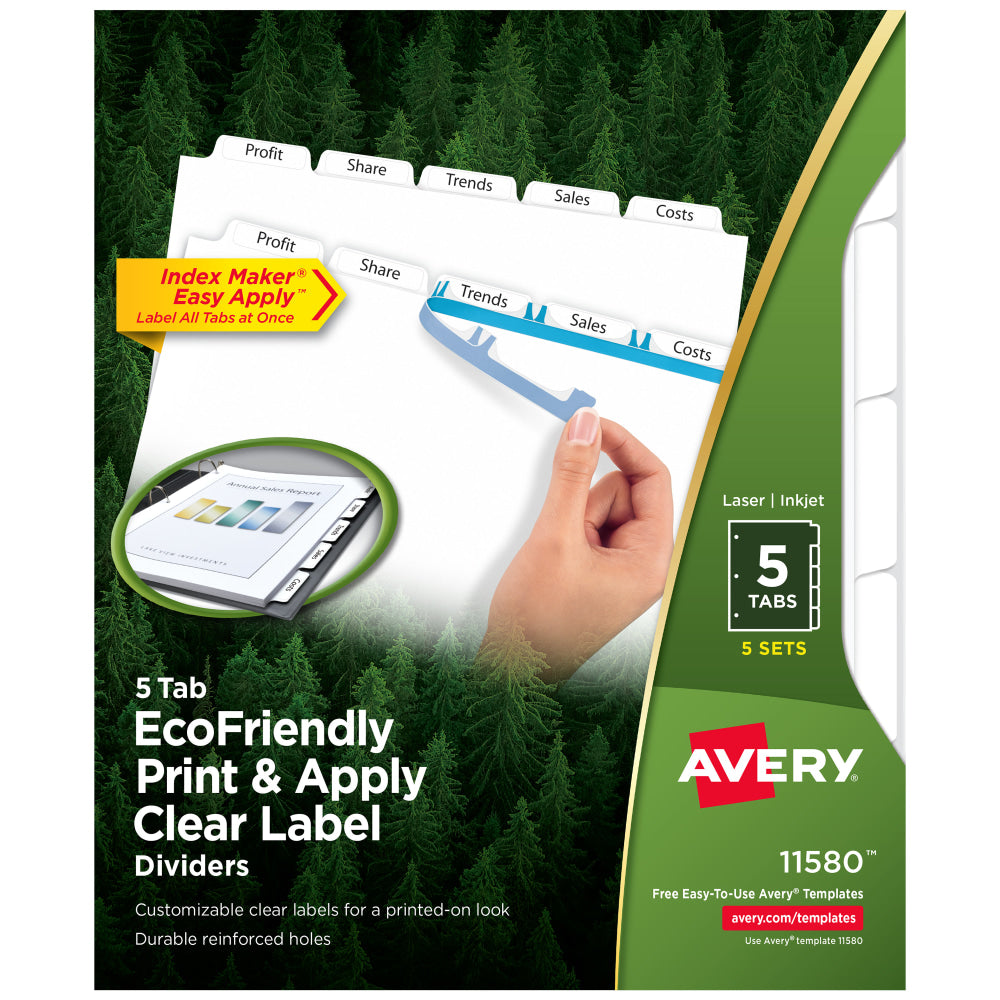 Avery EcoFriendly Index Maker Clear Label Dividers, 8 1/2in x 11in, White, 5 Tabs Per Set, 5 Sets Per Pack