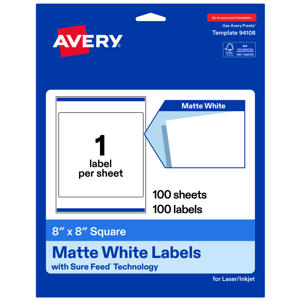 Avery Permanent Labels With Sure Feed, 94108-WMP100, Square, 8in x 8in, White, Pack Of 100