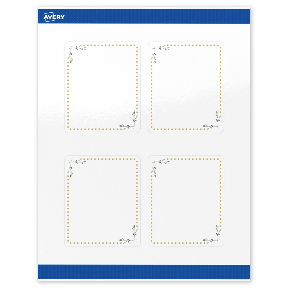 Avery Print-To-The-Edge Labels & Sure Feed, S00-DN3-PRWGP10, 4in x 3-1/3in, Glossy White, Preprinted Green Floral & Gold Dots Design, Pack Of 40