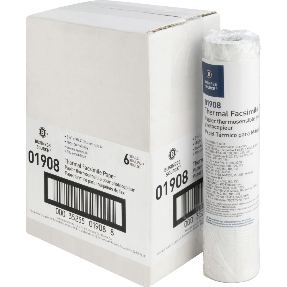 Business Source Thermal Fax Paper Rolls - 8 1/2in x 98 ft - 55 g/m2 Grammage - White - 6 / Carton