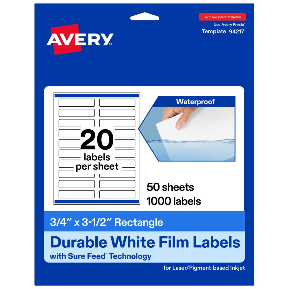 Avery Waterproof Permanent Labels With Sure Feed, 94217-WMF50, Rectangle, 3/4in x 3-1/2in, White, Pack Of 1,000