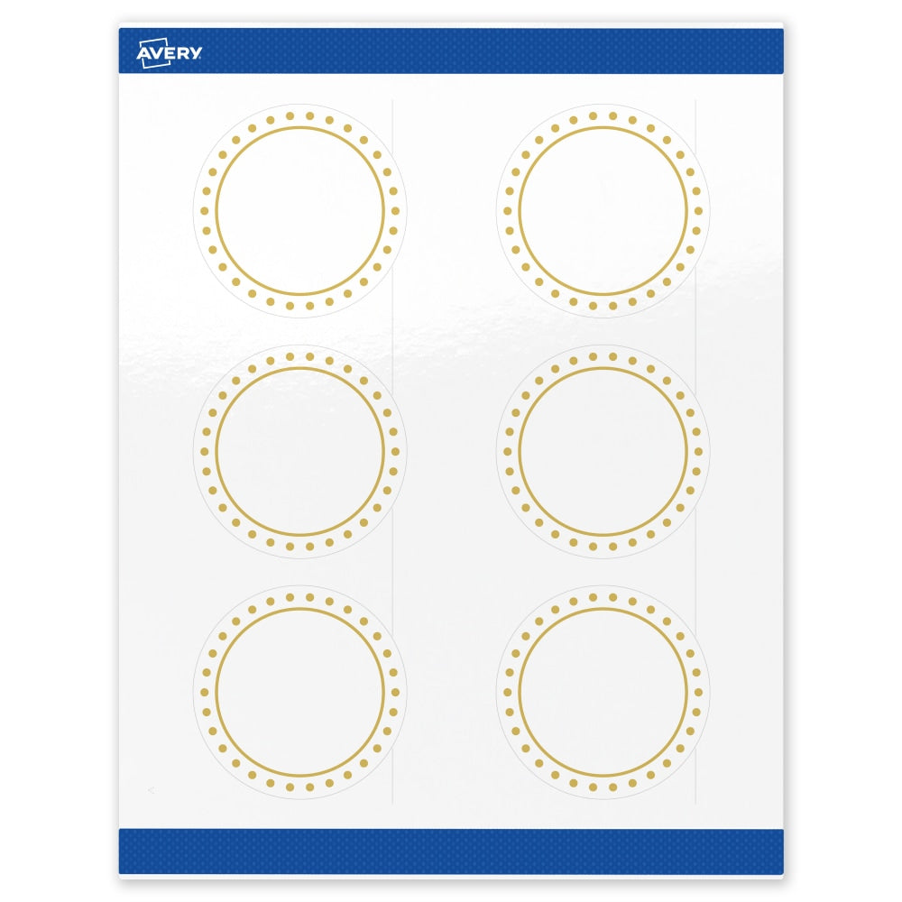 Avery Print-To-The-Edge Labels & Sure Feed, S00-DHX-PRWGP10, 3in Round, Glossy White, Preprinted Gold Border & Gold Dots Design, Pack Of 60