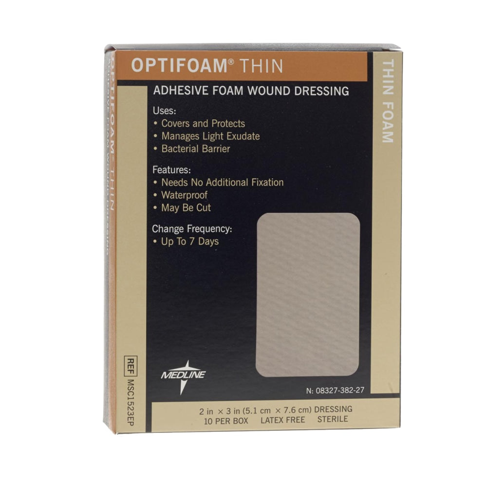 Medline Optifoam Thin Adhesive Dressings, 2in x 3in, Tan, Pack Of 10