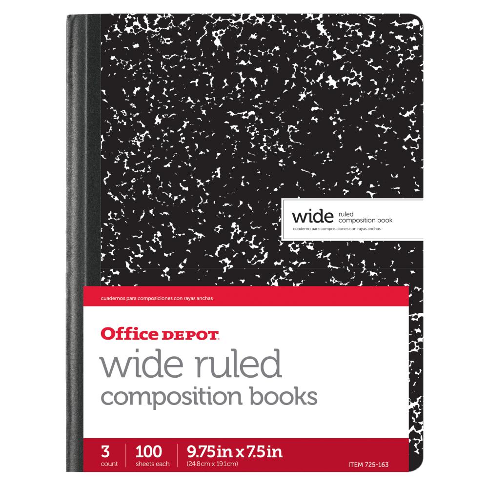 Office Depot Brand Composition Book, 7-1/2in x 9-3/4in, Wide Ruled, 100 Sheets, Black/White, Pack of 3
