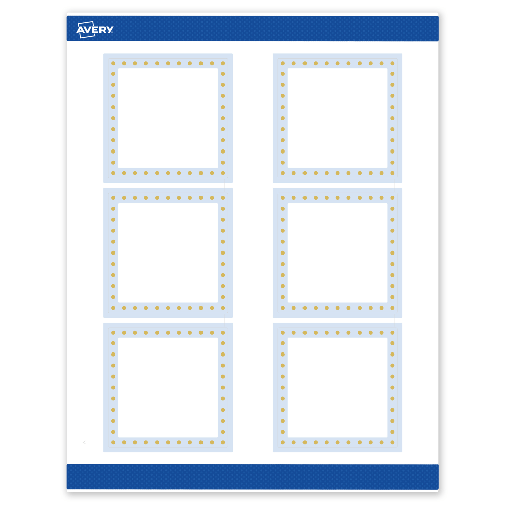 Avery Print-To-The-Edge Labels & Sure Feed, S00-DMF-PRWMP10, 3in x 3in, Matte White, Preprinted Blue Border & Gold Dots Design, Pack Of 60